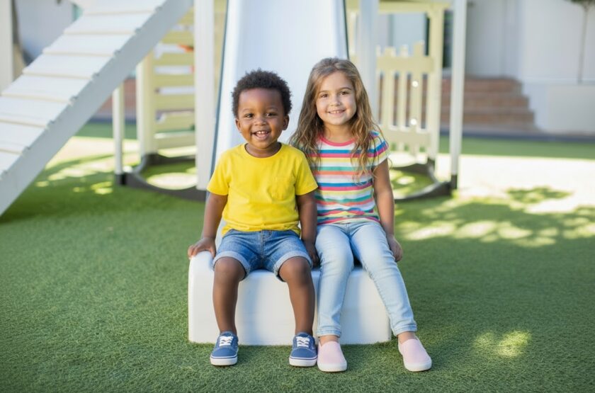 Two young kids sitting on a slide.